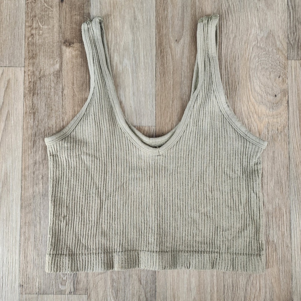 Out From Under Urban Outfitters Olive Green Ribbed Seamless V-Neck Crop Top L